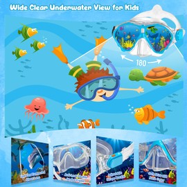 Seovediary Kids Snorkel Set, Mask Fins Snorkeling Gear for Kids Anti-Fog Swim Goggles 180 Panoramic View Dry Top Snorkel and Dive Flippers Combo with Travel Bag for Snorkeling Training Swimming Diving