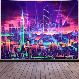 FENDROM Punk City Night View Tapestry Future City Cityscape Wall Art Neon Urban Futuristic Building Wall Hanging For Living Room Dorm Decoration