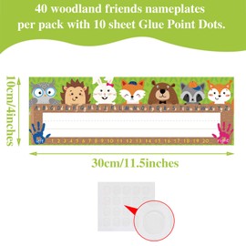 40 Pieces Woodland Friends Name Plate, Traditional Manuscript Flat Left/Right Alphabet Name Tags with Glue Point Dots for School Classroom Student Desks Woodland Creatures Decoration, 11.5 x 4 Inch