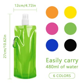 SANOU Foldable Water Bottle Reusable Water Bag with Carabiner Hook 480 ml Flexible Foldable Drinking Bottles for Hiking Adventure Travel (6 Pieces)