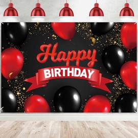 Happy Birthday Banner Backdrop Decorations Red and Black Balloons Theme Decor for Girls Women Princess Birthday Party Bday Photo Booth Props Supplies Background Favors Gold