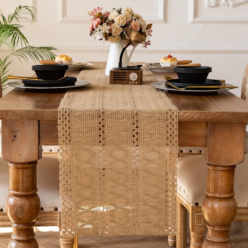 Fecialy Boho Table Runner Farmhouse Burlap Table Runners Woven Macrame