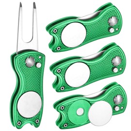 TIXIPEM Golf Divot Repair Tool [4PCS] - Switch Foldable Divot Tool Rack with Magnetic Ball Marker & Open Button Use for Golf Accessories & Gifts - [Green] Green Fork Tines