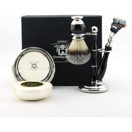 Haryali London Men's Shaving Set in Handmade Leather Case, 5 in 1 Razor Set, Includes Razor Stand, Fusion 5 Compatible Razor, Shaving Brush, Stainless Steel Shaving Bowl and Shaving Soap