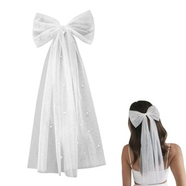 Bride Veil Hen Party Accessories,Wedding Bridal Bride to be Veils White Hair Bow Pearl Clip Large Bows Headband Hen Do Pearls Lace Soft Fabric Decorations for Bachelorette Communion Women's Bridesmaid