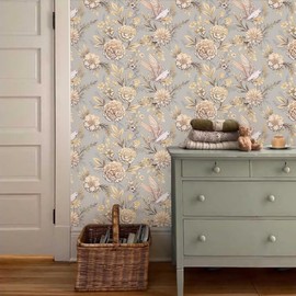BEETAL Golden Grey Rose Floral Birds Vintage Flowers Peel and Stick Wallpaper Easy Peel Off Contact Paper Stick on Adhesive Wall Paper for Bathroom Waterproof Renter Friendly