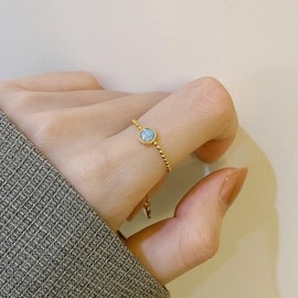 Round Opal Chain Link Statement Adjustable Ring Stainless Steel Birthstone Beaded Ball Stacking Knuckle Tail Finger Rings Love Heart Tassel Dangling Charm Bands Fashion Wedding Engagement Jewelry Gifts for Women Daughter (Gold)