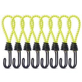 Hikeman 8 Pack 8mm Bungee Cord Hooks Black Anti-Rust Paint Spiral Wire Hooks with Separable Reflective Elastic Rope Heavy Duty Strapping Tape Hooks for Camping Trucks Boats (Yellow)