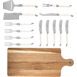 French Home 14 Piece Laguiole Cheese Serving Set with Wood Serving Board (Faux Ivory Handles) — Serving Utensil Set — Charcuterie Tools