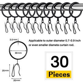 30Pcs Black Curtain Rings with Hooks, 30mm Internal Diameter Metal Curtain Rings for Drapes Window Door and Shower Curtains