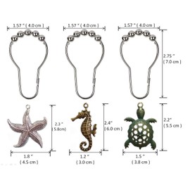 Beach Shower Curtain Hooks Rings - Rustproof Shower Curtain Hangers Starfish Seahorse Turtle Decorative Bath Room Animal Accessories Set - Creative Ocean Cartoon Theme Bathroom Decor, 12PCS