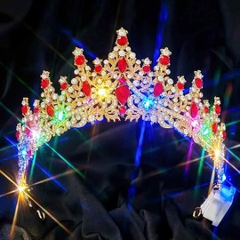 Lorealri Light Up Crystal Crown Headband, Silver,with Comb, Wedding Bridal Prom Birthday Rhinestone Headwear Accessories for Women (Gold-Red, One Size)