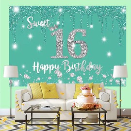 Happy 16th Birthday Decoration Backdrop Banner for Girls Happy 16 Years Old Fabric Sign Poster, Turquoise Photography Background 16th Birthday Party Supplies, 150x90cm
