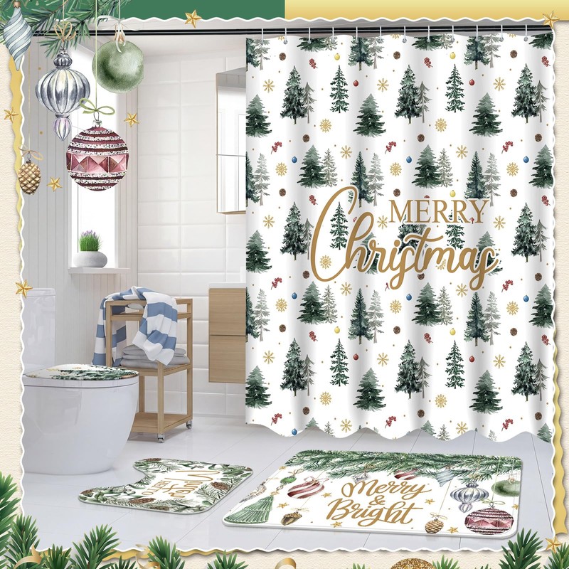 4 Pcs Christmas Shower Curtain Set Winter Xmas Tree Bathroom