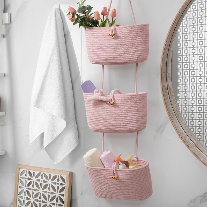 TeoKJ Over the Door Hanging Baskets with Button Strap, 3-Tier