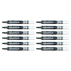 Pentel Maxiflo Dry Wipe Slim Chisel Tip Marker - Black (Pack of 12)