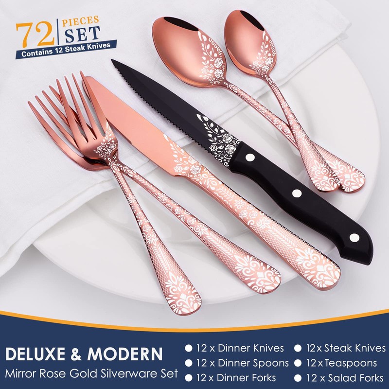 EUIRIO 72-Piece Copper Silverware Set with Steak Knives,Rose Gold Flatware