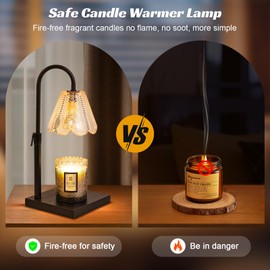 Shang Chiang Golden Floral Candle Warmer Lamp with Timer & Dimmable Light - Adjustable Height Jar Candle Melter with Ebony Wooden Base, Home Decor Gift Set (Includes 2 Bulbs)