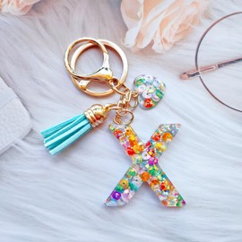 Colorful Cute Initial Letter Keychains for Women Girls Tassel Heart Charm Alphabet Keychain for Backpack School Bag (X-Colorful Sequin Heart)