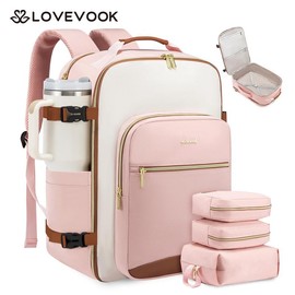 LOVEVOOK Fall Travel Backpack for Women & Men as Personal Item Flight Approved, Large Capacity Carry on Backpack for Airplanes with 3 Packing Cubes and Laptop Compartment, Waterproof WeekenderBag for Hiking, Overnight:_Pink-Brown_40L