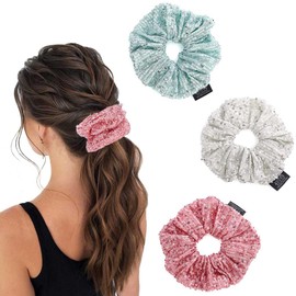 Jewemia Big Hair Scrunchies for Women Sparkly Sequin Hair Scrunchies Glitter Rhinestone Hair Bands Ponytail Holders Hair Ties Party Club Hair Accessories for Girls 3 Pcs (Beige-Pink-Light green)