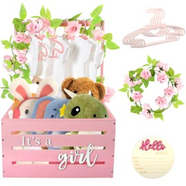 Wooden Baby Shower Crate Closet, It's a Girl Baby Gift Basket with Handle and Clothes Hanger Baby Storage Crate Hamper, Baby Shower Party Decor Newborn Baby Gifts Basket for Pregnancy New Parent ﻿