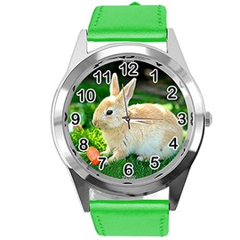 TAPORT Green Leather Round Quartz Watch for Rabbits Fans e2