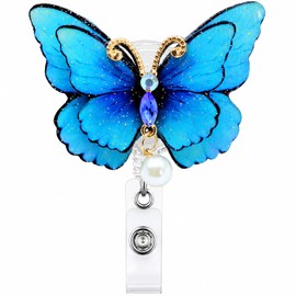Pearl Butterfly Badge Reel Holder Shinny Glitter Retractable ID Card Holders Clip for Nurse Nursing School Students Essentials Blue