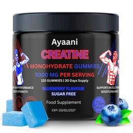 Ayaani Creatine Monohydrate Gummies - Muscle Growth & Strength Support - 120 Sugar Free Blueberry Gummies - 5000mg Per Serving with L Creatine, Taurine & Alpha-GPC