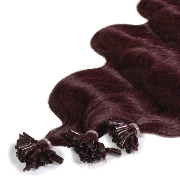 hair2heart Premium Extensions Echthaar Bondings Gewellt - 50 Strähnen 1g 60cm 55/65 hellbraun intensiv violett-mahagoni