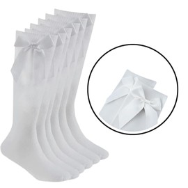 J&A MARTS® 3 Pairs Girls Knee High School Socks, Cotton long white socks With Fluffy Ribbon Bows Back to School Kids Uniform Party Wear Long Comfort Fit Stockings (UK 12-3)