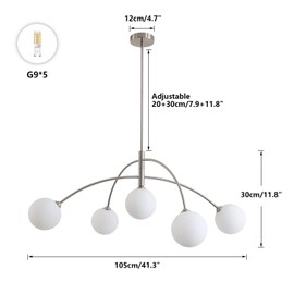 Fulesi Mid Century Modern Chandelier 5 Light Silver Sputnik Light Fixture with White Glass Globe Adjustable Modern Sputnik Chandelier for Dining Room Kitchen Bedroom
