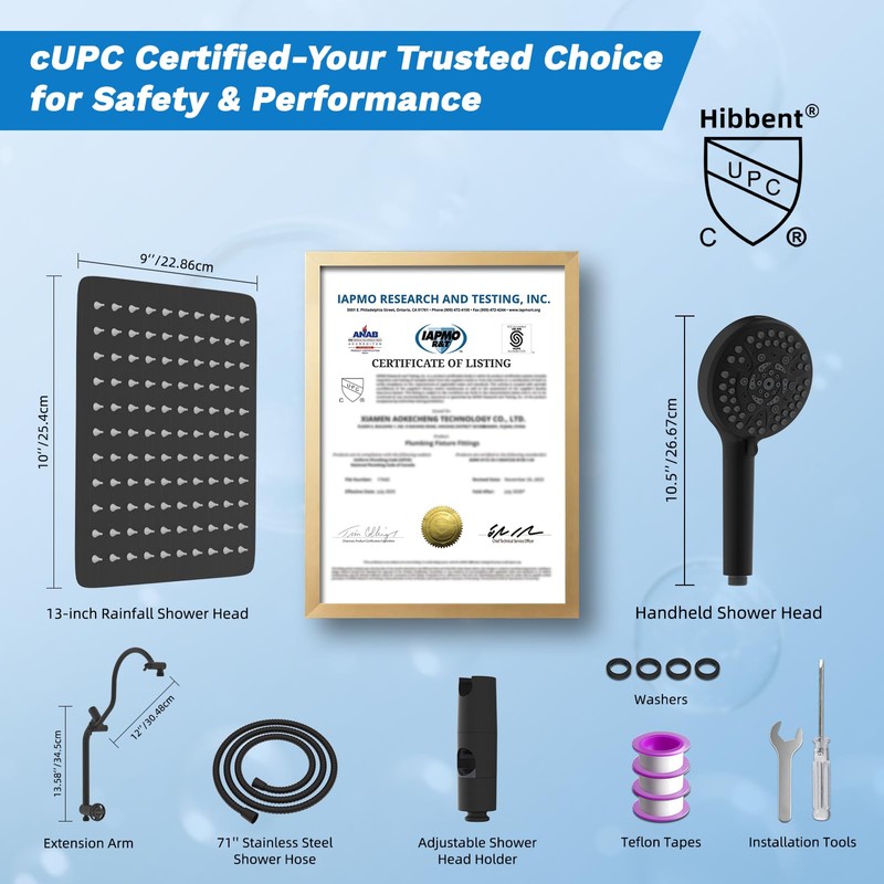 Hibbent cUPC Certified All Metal 10"Rainfall Showerhead Combo, High Pressure