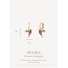 BOHORIA Einzelstück® Mini Hoop Earrings Hummingbird Hoops I With zirconia stones green and purple I Silver earrings I 925 Sterling silver 14K gold plated I Antiallergenic & nickel free (gold)