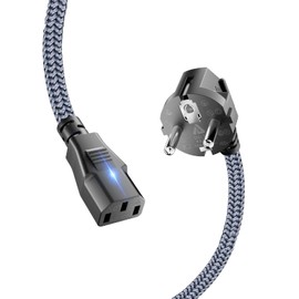 IEC Cable, 3 Pin, Goalfish 2.0 m Nylon Braid, Universal Power Cable (CEE 7/7 to C13), Power Cable with VDE for Monitors, PC, Printer, Scanner, TV, Screen, Projector, Grey