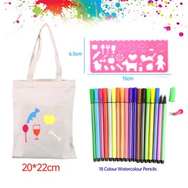 Sonwaha 6 Pieces Fabric Bags for Painting for Children Bags for Painting Set with 18 Watercolour Pens and 4 DIY Painting Stencils for Children's Birthday School Party Celebration Gift