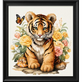 Leczany Cross Stitch Stamped Kit for Adults or Kids - Little Tiger and Butterfly | DIY Embroidery Starter Patterns Craft Kit Needlepoint for Beginner | 11CT, 3 Strands | 14.2x15.8 inches
