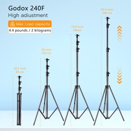 Godox Aluminum Photography Light Tripod Stand for Studio Photographic Lighting, Softboxes, Umbrellas, Backgrounds - 240CM, 94 Inches