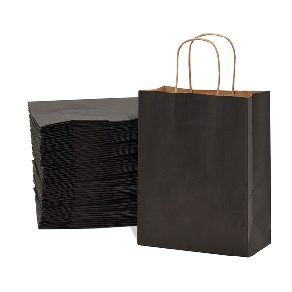 Black Gift Bags - 8x4x10 Inch 100 Pack Small Black Kraft Paper Shopping Bags with Handles, Plain Mini Totes for Small Business, Retail, Boutique Merchandise & Supplies, Birthday Party Gift Wrap, Bulk
