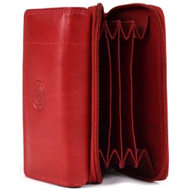 Ladies Soft Real Nappa Leather Zip-around Purse with Front Flap and Double Credit Card Swing Section (Dark Red)