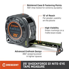 Crescent Lufkin 1-3/16" x 25' Shockforce Nite Eye G1 Dual Sided Tape Measure