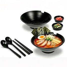 LuxDuo 2 Ramen Bowl,8-Piece Pho Bowl Set,Equipped with Chopsticks,Spoon Dipping Saucer,Melamine Material,Large Size 37Oz,Suitable Noodles,Udon Noodles,Wonton,Miso Soup,Thai,Chinese,Korean,Asian Food