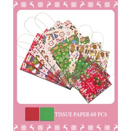 qiqee Christmas Paper Gift Bags with Tissue Paper Handles Assorted Sizes 30PCS Merry Christmas Bags(10pcs Large 12", 10pcs Medium 11", 10pcs Small 8"，60pcs Tissue Paper)