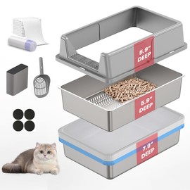 23.6" x 15.7" x 14.7" TIUUBT Stainless Steel Sifting Litter Box for Pine Pellets, XL Sifting Cat Litter Box with Sifter, High Side for Big Cats, Anti-Leakage, Odor Control, Includes Scooper