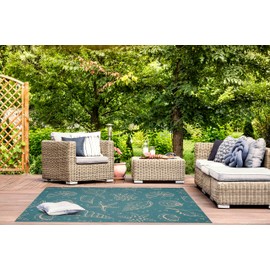 GAD Great American Distributors Shells Premium Indoor Outdoor Area Rug Seaside Seashell Aquatic Marine Life Design Teal Blue/Creamy Beige (7'10"x10'2")