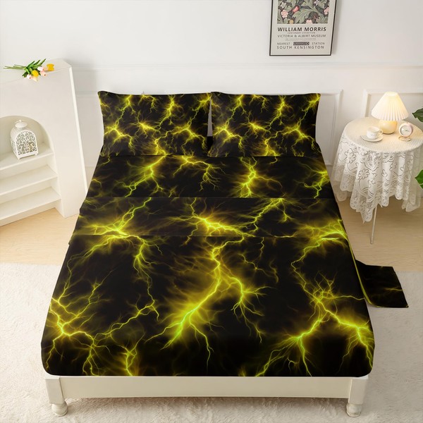 QOOMO Yellow Lightning Fitted Sheet Set Queen Size,Modern Neon Glowing