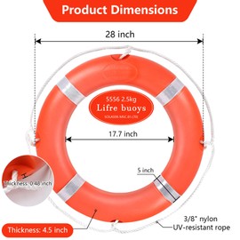 Life Ring 28 Inch with Hangers, Boat Safety Throw Rings Orange Life Ring, Life Ring Buoy with Rope 98.5 FT and Reflective Tape for Boats
