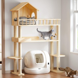 Homiflex Wood Cat Tower for Automatic Litter Box, 60.2" H Tall Cat Tree for Self Cleaning Litter Box, Multi-Level Solid Wood Cat Tree Tower Cat Furniture w/Scratching Post, House, Burlywood