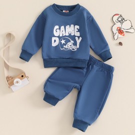 Gaono Toddler Baby Boy Football Outfit 2 Piece Fall Winter Clothes Rugby Print Pullover Sweatshirt And Jogger Set (P-Blue, 6-12 Months)