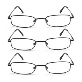 EYE-ZOOM 3 Pack Classic Readers Rectangular Metal Reading Glasses for Men and Women, Black, +2.00 Strength